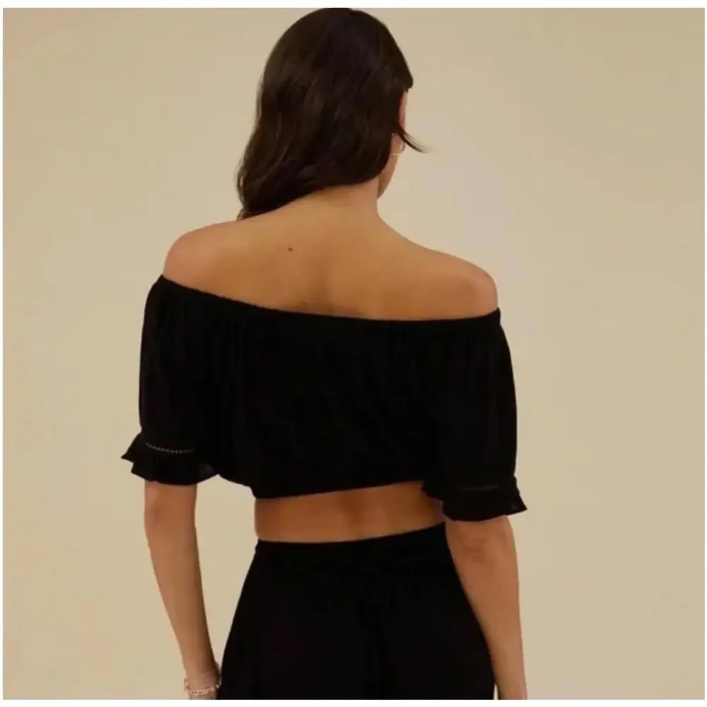 Rachel Parcell Off Shoulder Crop Top - Wash Crepe Black - Size Large   MSRP $89 - Picture 2 of 8